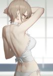  1girl arm_up back bare_arms bare_back bare_shoulders bikini blurry blurry_background breasts earrings from_behind honkai_(series) honkai_impact_3rd indoors jewelry light_brown_hair looking_at_viewer looking_back medium_breasts mole mole_under_eye profile red_eyes rita_rossweisse short_hair side-tie_bikini solo swimsuit tdc24 upper_body white_bikini 