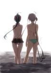  2girls ahoge akitsushima_(kantai_collection) anchor_hair_ornament ass bikini bikini_skirt black_bikini black_hair blue_bikini commentary_request from_behind full_body grey_hair hair_ornament hair_ribbon hazuki_futahi irako_(kantai_collection) kantai_collection long_hair looking_away multiple_girls ponytail ribbon side_ponytail sidelocks simple_background soaking_feet swimsuit water white_background 