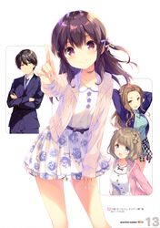  1boy 3girls absurdres bow business_suit formal girlish_number highres karasuma_chitose_(girlish_number) karasuma_gojou katakura_koto kugayama_yae long_hair looking_at_viewer multiple_girls official_art ohara_tometa purple_hair smile suit sweater violet_eyes 