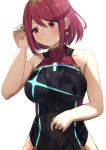  1girl adjusting_hair bangs bare_arms bare_shoulders black_swimsuit blush breasts chest_jewel competition_swimsuit earrings highres jewelry large_breasts misaki_nonaka one-piece_swimsuit pyra_(xenoblade) red_eyes redhead short_hair simple_background solo swept_bangs swimsuit tiara white_background xenoblade_chronicles_(series) xenoblade_chronicles_2 
