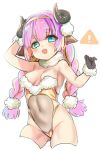  1girl :d animal_ears arm_up ass_visible_through_thighs bare_shoulders black_gloves blue_hair blush braid breasts brown_hairband covered_navel curled_horns fur-trimmed_gloves fur-trimmed_leotard fur_trim gloves groin hairband hand_behind_head hand_up horns long_hair looking_at_viewer medium_breasts multicolored_hair open_mouth original pink_hair sheep_ears sheep_horns short_eyebrows sign simple_background smile solo streaked_hair thick_eyebrows thigh-highs twin_braids twintails unname upper_teeth very_long_hair warning_sign white_background white_legwear 