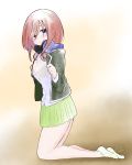  1girl ankle_socks blush breasts brown_hair closed_mouth commentary_request full_body go-toubun_no_hanayome green_jacket green_skirt hands_up headphones headphones_around_neck highres jacket kneeling kujou_karasuma long_hair long_sleeves looking_at_viewer looking_to_the_side medium_breasts nakano_miku no_shoes open_clothes open_jacket pleated_skirt shirt signature skirt smile socks solo white_legwear white_shirt 