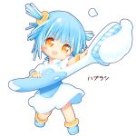  1girl :d aikei_ake bangs blue_footwear blue_hair blush brown_eyes chibi dress eyebrows_visible_through_hair full_body hair_ornament highres holding open_mouth original personification shoes short_sleeves simple_background smile solo standing toothbrush translation_request two_side_up v-shaped_eyebrows white_background white_dress 