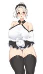  1girl bigfall black_legwear breasts elbow_gloves glasses gloves highres huge_breasts last_origin looking_at_viewer maid maid_headdress navel prototype_labiata red_eyes simple_background skindentation solo thick_thighs thigh-highs thighs white_background white_gloves white_hair 