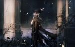  1girl ascot black_pants blonde_hair bloodborne brown_cape brown_coat brown_headwear cape coat commentary_request facing_to_the_side flower from_side gem hat hat_feather lady_maria_of_the_astral_clocktower long_hair long_sleeves looking_up low_ponytail outdoors pants petals pillar ponytail solo standing syokuuuuuuuuumura the_old_hunters tricorne weapon white_flower 