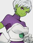 1girl bodysuit breasts cheelai closed_mouth dragon_ball dragon_ball_super dragon_ball_super_broly gloves green_skin grey_background kemachiku looking_at_viewer medium_breasts purple_bodysuit short_hair simple_background smile solo violet_eyes white_gloves white_hair 