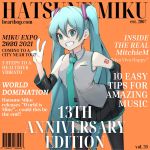  1girl anniversary barcode black_legwear breasts commentary cover detached_sleeves english_commentary english_text fake_magazine_cover green_eyes green_hair grey_shirt hair_between_eyes hatsune_miku leaning_forward long_hair magazine_cover magister_(medical_whiskey) necktie orange_background shirt shoulder_tattoo sleeveless sleeveless_shirt small_breasts solo tattoo thigh-highs twintails v very_long_hair vocaloid zettai_ryouiki 