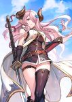  1girl bare_shoulders belt belt_buckle braid breasts buckle clouds day feet_out_of_frame gloves granblue_fantasy hair_between_eyes holding holding_weapon horns kingyo_114 large_breasts long_hair looking_at_viewer narmaya_(granblue_fantasy) outdoors pink_hair pointy_ears single_thighhigh sky solo standing thigh-highs weapon 