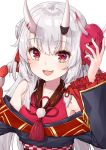  blush commentary_request fang hair_between_eyes hololive horns japanese_clothes long_hair long_sleeves looking_at_viewer mask nakiri_ayame oni_horns oni_mask open_mouth pensuke portrait red_eyes silver_hair white_background 