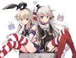  2girls amatsukaze_(kantai_collection) black_dress black_neckwear black_panties blonde_hair blue_sailor_collar blue_skirt blush brown_eyes collarbone crop_top dress elbow_gloves eyebrows_visible_through_hair feet_out_of_frame gloves hair_between_eyes hair_tubes highleg highleg_panties kantai_collection lifebuoy long_hair long_sleeves miniskirt multiple_girls neckerchief odawara_hakone panties parted_lips pleated_skirt red_legwear sailor_collar sailor_dress school_uniform serafuku shimakaze_(kantai_collection) silver_hair skirt sleeveless striped striped_legwear thigh-highs two_side_up underwear violet_eyes white_gloves white_sailor_collar windsock 