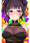  1girl arms_behind_back bangs bare_shoulders black_hair black_swimsuit blush breasts closed_mouth collarbone eyebrows_visible_through_hair fate/grand_order fate_(series) flower hair_flower hair_ornament highres i.u.y large_breasts looking_at_viewer murasaki_shikibu_(fate) murasaki_shikibu_(swimsuit_rider)_(fate) one-piece_swimsuit purple_flower purple_rose rose sidelocks smile solo sweat swimsuit upper_body violet_eyes 
