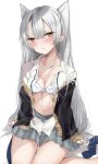  1girl alternate_costume amatsukaze_(kantai_collection) black_jacket blazer bra breasts brown_eyes cardigan chigasaki_y collarbone commentary_request dress_shirt feet_out_of_frame grey_skirt highres jacket kantai_collection lace lace_bra long_hair looking_at_viewer open_clothes pleated_skirt school_uniform shirt silver_hair sitting skirt small_breasts smile solo thigh_gap two_side_up underwear wariza white_shirt 