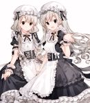  2girls :d alternate_costume apron bangs black_dress black_ribbon blue_eyes bow braid braided_bangs brown_eyes closed_mouth commentary_request dress enmaided eyebrows_visible_through_hair frilled_apron frilled_dress frills gocoli grey_background grey_hair hair_ribbon hand_up hat highres hisakawa_hayate hisakawa_nagi idolmaster idolmaster_cinderella_girls long_hair looking_at_viewer low_twintails maid maid_apron mob_cap multiple_girls open_mouth puffy_short_sleeves puffy_sleeves ribbon short_sleeves siblings simple_background sisters smile twins twintails very_long_hair white_apron white_bow white_headwear wrist_cuffs 