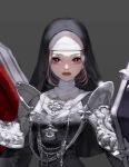  +_+ 1girl armor black_headwear closed_mouth cropped cross face glint grey_background jewelry mimi_ps_20 mole mole_under_mouth necklace nun original pauldrons pink_hair red_eyes red_lips short_hair shoulder_armor simple_background solo turtleneck upper_body 