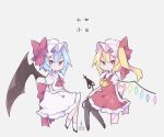  2girls artist_name back_bow bat_wings black_footwear black_legwear blonde_hair blue_eyes blue_pupils bow commentary cosmicmind crystal dated dress flandre_scarlet full_body grey_background hat hat_bow invisible_chair laevatein_(tail) long_hair looking_at_viewer medium_hair mob_cap multiple_girls pantyhose pink_headwear puffy_short_sleeves puffy_sleeves red_bow red_eyes red_neckwear red_skirt red_vest remilia_scarlet shoes short_sleeves siblings simple_background sisters sitting skirt smile socks sparkle tail touhou vest white_bow white_dress white_headwear white_legwear wings yellow_neckwear 