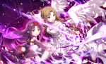  2girls armor armored_dress asuna_(sao) bangs bare_shoulders black_dress black_gloves black_sleeves blush braid brown_eyes brown_hair commentary_request detached_sleeves dress feathered_wings feathers fingerless_gloves gabiran gloves glowing glowing_sword glowing_weapon hairband holding holding_sword holding_weapon long_hair long_sleeves looking_away multiple_girls open_mouth outstretched_arm parted_bangs purple_hair red_eyes red_hairband sleeveless sleeveless_dress sword sword_art_online thigh-highs very_long_hair weapon white_dress white_legwear white_wings wings yuuki_(sao) 