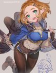  ... 1boy 1girl blonde_hair blush boots breasts commentary_request fingerless_gloves gloves green_eyes highres link long_sleeves medium_breasts open_mouth pants pointy_ears princess_zelda short_hair shuri_(84k) teeth the_legend_of_zelda the_legend_of_zelda:_breath_of_the_wild thought_bubble tongue translation_request twitter_username watermark 