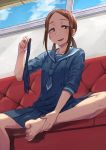  1girl barefoot blue_neckwear blue_skirt brown_hair couch day highres houkago_teibou_nisshi indoors inu_tagatan kuroiwa_yuuki looking_at_viewer medium_hair school_uniform short_twintails sidelocks sitting skirt socks_removed solo twintails window 