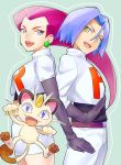  1boy 1girl bangs black_gloves blue_eyes blue_hair commentary_request crop_top earrings elbow_gloves gen_1_pokemon gloves green_eyes hair_between_eyes james_(pokemon) jessie_(pokemon) jewelry kurochiroko long_hair looking_to_the_side meowth open_mouth pants pokemon pokemon_(anime) pokemon_(creature) purple_hair red_lips skirt team_rocket team_rocket_uniform tongue turtleneck upper_teeth white_pants white_skirt 