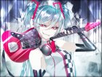  1055 1girl bracelet earrings elbow_gloves fingernails fingertwintails gloves guitar hatsune_miku headphones headphones_around_neck highres instrument jewelry long_hair red_eyes sharp_fingernails sharp_teeth smirk stud_earrings studded_bracelet teeth vest vocaloid zipper 