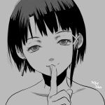  1girl asymmetrical_hair bangs bare_shoulders blunt_bangs close-up closed_mouth face greyscale hair_ornament hairclip highres iwakura_lain looking_at_viewer monochrome portrait serial_experiments_lain short_hair simple_background solo white_background yubi_kamii 