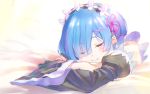  1girl blue_hair closed_eyes detached_sleeves hair_ornament maid maid_headdress re:zero_kara_hajimeru_isekai_seikatsu rem_(re:zero) shishamo_(masato_k) short_hair sleeping smile solo 