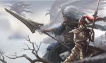  2boys armor bare_tree beak black_robe blurry blurry_background bracelet breastplate brown_scarf chinese_commentary closed_eyes clouds crown dark_souls dark_souls_iii dragon dragon_horns dragon_slayer_ornstein facing_away faulds feet_out_of_frame flying gauntlets gold_armor greaves hand_up helmet holding holding_spear holding_weapon horns jewelry knight long_hair male_focus mephisto_24 multiple_boys nameless_king open_mouth outdoors pauldrons plume polearm profile scale_armor scarf short_sleeves shoulder_armor sitting souls_(from_software) sparkle spear tree weapon western_dragon white_hair wide_sleeves 