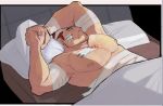  1boy bandages bandaid bandaid_on_face bara bed blue_eyes body_hair boku_no_hero_academia chest chest_hair facial_hair male_focus muscle nipples pectorals pillow redhead short_hair spiky_hair stormcallart stubble todoroki_enji upper_body 