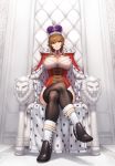  1girl absurdres black_legwear boots breasts brown_eyes brown_hair cloak crossed_legs crown fur-trimmed_cloak fur_trim gloves high_heel_boots high_heels highres king_george_v_(warship_girls_r) large_breasts long_sleeves looking_at_viewer qingmingtongzi red_cloak sidelocks sitting solo thigh-highs throne warship_girls_r white_gloves 