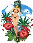  1girl alternate_color alternate_eye_color android bangs bikini blue_sky blunt_bangs bracelet breasts clouds facing_viewer flower full_body green_hair hair_over_one_eye hand_on_hip headset high_ponytail highres hime_cut jewelry large_breasts layer_(rockman) long_hair looking_at_viewer mizuno_keisuke mole mole_under_eye official_art petals ponytail red_eyes rockman rockman_x rockman_x_dive scarf sky smile solo summer swimsuit transparent_background 