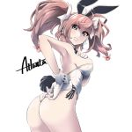  1girl animal_ears ass atlanta_(kantai_collection) black_neckwear bow bowtie breasts brown_hair bunny_tail bunnysuit character_name commentary_request detached_collar earrings from_behind gloves grey_eyes jewelry kantai_collection large_breasts leotard long_hair looking_back pantyhose partly_fingerless_gloves rabbit_ears simple_background solo star_(symbol) star_earrings strapless strapless_leotard tail two_side_up uzuki_kosuke white_background white_gloves white_leotard wrist_cuffs 