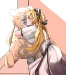  1girl back black_bow black_ribbon blonde_hair blush bow dress dress_bow eyebrows_visible_through_hair girls_frontline hair_ornament hair_ribbon hairband hug kiss long_hair looking_away open_eyes pengrani profile ribbon s-acr_(girls_frontline) simple_background siscon solo teddy tsundere violet_eyes white_dress 