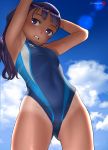  1girl armpits arms_up ass_visible_through_thighs blue_sky breasts clouds commentary_request competition_swimsuit covered_navel cowboy_shot eyebrows_visible_through_hair groin highres long_hair looking_at_viewer mu-pyon one-piece_swimsuit one-piece_tan open_mouth original outdoors purple_hair sky small_breasts solo swimsuit tan tanline violet_eyes 
