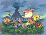  :3 closed_eyes closed_mouth clouds commentary_request flower gen_3_pokemon no_humans orange_flower outdoors petals pokemon pokemon_(creature) sen_pic silhouette skitty sky smile volcano yellow_flower 
