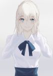  1girl absurdres arms_up artoria_pendragon_(all) bangs blonde_hair blue_eyes blue_neckwear blue_ribbon blue_skirt blush braid collared_shirt empty_eyes eyebrows_visible_through_hair fate/stay_night fate_(series) gradient gradient_background grey_background hands_on_own_cheeks hands_on_own_face heart heart-shaped_pupils highres long_sleeves looking_at_viewer neck_ribbon parted_lips ribbon saber shirt short_hair skirt smile solo symbol-shaped_pupils unscpro upper_body white_shirt 
