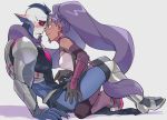 1boy 1girl assertive blue_hair boots claws dark_skin entrapta eye_contact gloves grey_background hetero hordak long_hair looking_at_another masters_of_the_universe monster_boy pointy_ears poking prehensile_hair she-ra_and_the_princesses_of_power smile sweatdrop twintails very_long_hair yutaka7