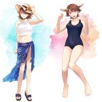  1girl absurdres barefoot brown_hair collarbone flipped_hair hagioshi hairband halter_top halterneck hat headgear hiei_(kantai_collection) highres kantai_collection looking_at_viewer one-piece_swimsuit open_mouth sandals school_swimsuit shawl short_hair sun_hat swimsuit violet_eyes 