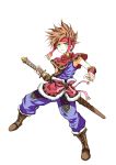  1boy absurdres bandages boots brown_footwear brown_hair fingernails fur-trimmed_boots fur_trim green_eyes highres holding holding_sword holding_weapon male_focus parted_lips randi scabbard seiken_densetsu seiken_densetsu_2 sheath shimoda_masaya simple_background solo sword unsheathing vambraces weapon white_background 