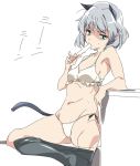  1girl animal_ears black_legwear bra breasts cat_ears cat_tail eyebrows_visible_through_hair food green_eyes grey_hair navel panties pantyhose pantyhose_pull popsicle sanya_v_litvyak short_hair side-tie_panties simple_background small_breasts solo strike_witches sweat tail umanosuke underwear underwear_only white_background white_bra white_panties world_witches_series 