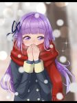  1girl aikatsu! aikatsu!_(series) bangs black_border blunt_bangs blurry blurry_background blush border breath breathing_on_hands coat commentary_request hair_ribbon half-closed_eyes highres hikami_sumire kawosu_shikou outdoors purple_hair ribbon scarf snow snowing solo sparkle starlight_academy_uniform upper_body violet_eyes warming_hands winter winter_clothes winter_coat winter_uniform 