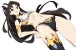  1girl black_hair black_legwear black_ribbon breasts fate/grand_order fate_(series) hair_ribbon hand_on_hip ishtar_(fate)_(all) ishtar_(fate/grand_order) long_hair looking_at_viewer medium_breasts midriff navel red_eyes ribbon simple_background single_thighhigh smile solo thigh-highs thighs two_side_up umanosuke white_background 
