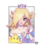  1girl artist_name bare_shoulders blonde_hair blue_eyes collarbone commentary crown earrings english_commentary eyelashes frame holding holding_wand jewelry kajin_(kajinman) lips long_hair looking_at_viewer luma_(mario) super_mario_bros. rosalina signature smile star_(symbol) star_earrings super_mario_galaxy upper_body wand 