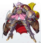  1girl armor commentary_request dated frown gradient gradient_background greaves grey_background hair_intakes highres holding holding_needle japanese_armor japanese_clothes kimono kote lavender_hair layered_clothing layered_kimono looking_at_viewer miracle_mallet needle no_headwear petals pink_kimono red_eyes shope short_hair solo sukuna_shinmyoumaru touhou white_background 