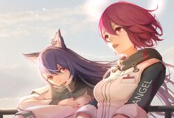  2girls :d animal_ears arknights bangs breasts commentary_request earrings exusiai_(arknights) hair_between_eyes jacket jewelry long_hair long_sleeves looking_at_viewer multiple_girls open_mouth outdoors pink_eyes pink_hair purple_hair raglan_sleeves short_hair small_breasts smile tenshin_kagehisa texas_(arknights) upper_body white_jacket wolf_ears 