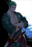  1boy abs chest crossed_arms earrings facial_scar green_hair japanese_clothes jewelry katana kimono male_focus muscle one_eye_closed one_piece open_clothes open_kimono pectorals pinattsu roronoa_zoro scar short_hair solo sword toned toned_male upper_body weapon 