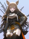  1girl :d animal_ears arknights bangs blush breasts brown_hair ceobe_(arknights) dog_ears eyebrows_visible_through_hair fang gugugu hair_between_eyes hand_on_hip highres holding jacket large_breasts long_hair looking_at_viewer open_mouth red_eyes smile solo tail thigh-highs thighs very_long_hair weapon 