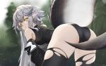  1girl arknights ass bangs bare_shoulders bent_over black_legwear black_panties blurry blurry_background crocodilian_tail detached_sleeves english_commentary from_behind highres large_tail long_hair looking_at_viewer looking_back panties pointy_ears sidelocks silver_hair solo tail thigh-highs thighs tomimi_(arknights) underwear vchan very_long_hair yellow_eyes 
