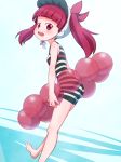  1girl :d absurdres bangs bare_arms bare_shoulders barefoot blunt_bangs bonnet commentary_request foot_out_of_frame highres innertube kemurikusa leaning_forward long_hair looking_at_viewer one-piece_swimsuit open_mouth red_eyes redhead rina_(kemurikusa) sat-c simple_background smile solo striped striped_swimsuit swimsuit twintails upper_teeth 