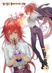  1girl ahoge bangs belt black_footwear blush breasts buckle collared_shirt cup drinking drinking_straw fire gyudong123 hair_between_eyes high_collar high_heels highres holding holding_cup jacket long_hair looking_at_viewer magic messy_hair multiple_views original pants ponytail purple_jacket purple_pants red_eyes redhead shirt sidelocks sleeves_folded_up smile sweatdrop white_shirt 