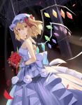  1girl arch bare_shoulders blonde_hair bouquet choker cowboy_shot dress dutch_angle eyebrows_visible_through_hair flandre_scarlet flower gloves hat highres looking_at_viewer looking_to_the_side mob_cap one_side_up open_mouth petals red_eyes red_flower rin_falcon solo strapless strapless_dress touhou waist_bow wedding_dress white_choker white_dress white_gloves white_headwear wings 